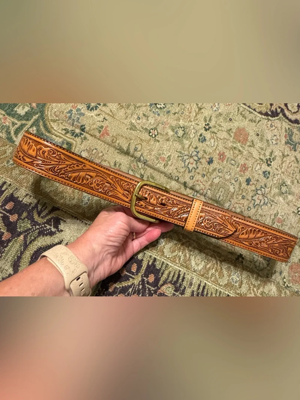 Circle Y hand tooled belt - 34. “Poppy” on back.